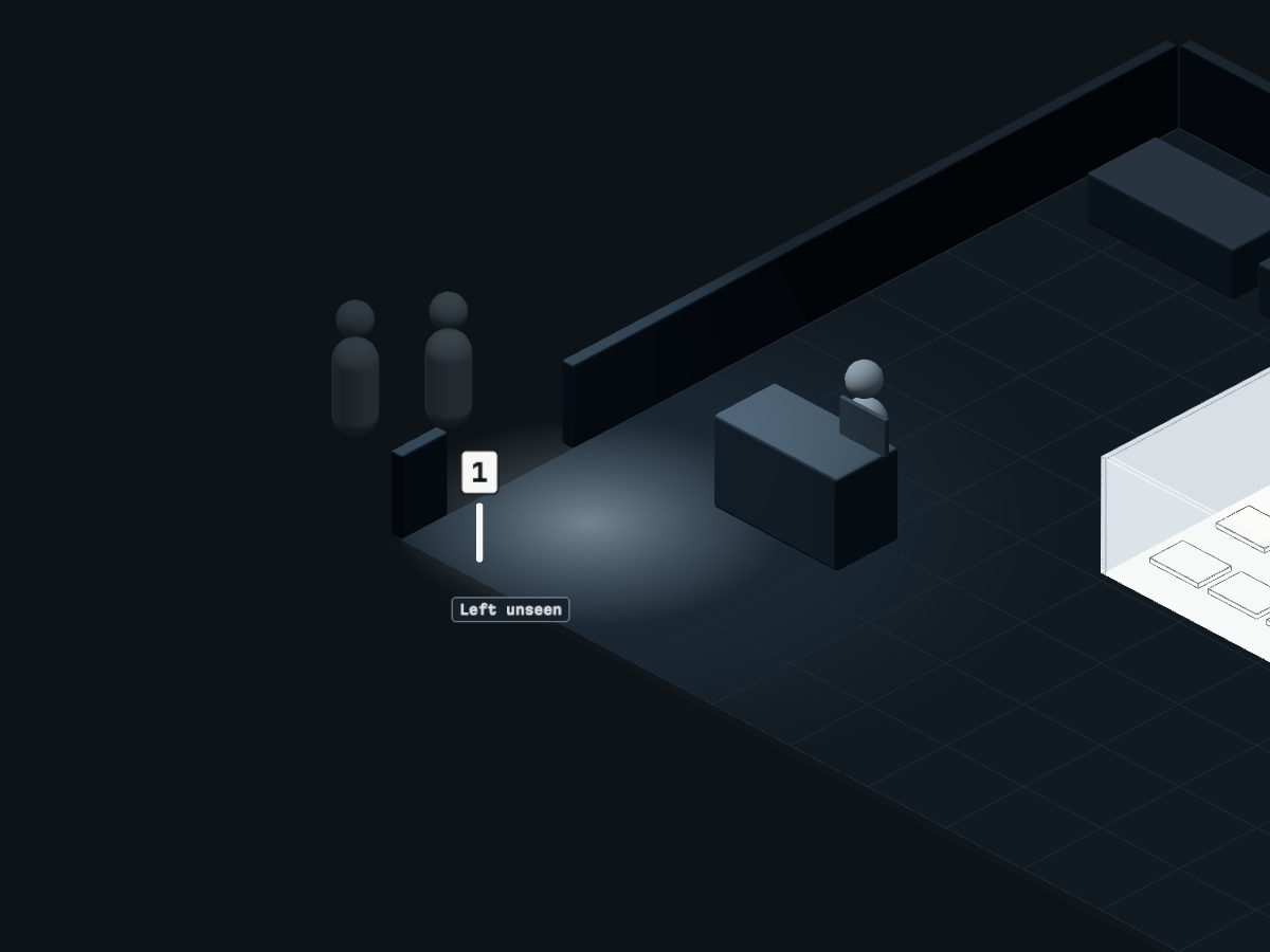 A pool of light at the exit: two people walk out of the waiting room and through the door before anyone sees them. Marker one stands by the door.