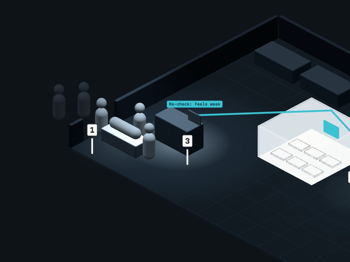 A pool of light on the triage desk: a stretcher comes in and the nurse goes to it, while the AI’s advice glows unread on the desk screen. Marker three stands by the desk.