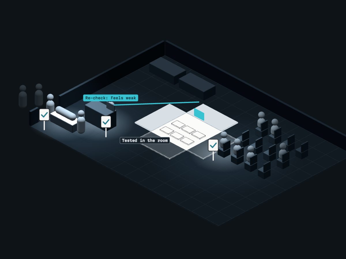 The box walls fold down flat. Light-blue lines run from the AI to each of the three markers, and each marker turns to a check.