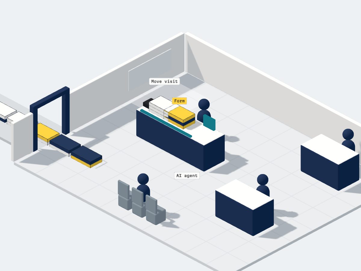 A teal line, the AI agent, runs from the phones along the front desk into a small screen.